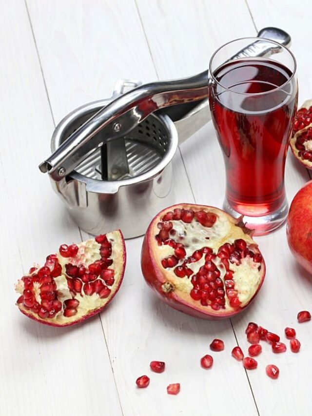 pomegranate fruits, pomegranate juice and juice press